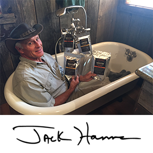 Jack Hanna clothed in a dry bathtub showing Medicine Springs product