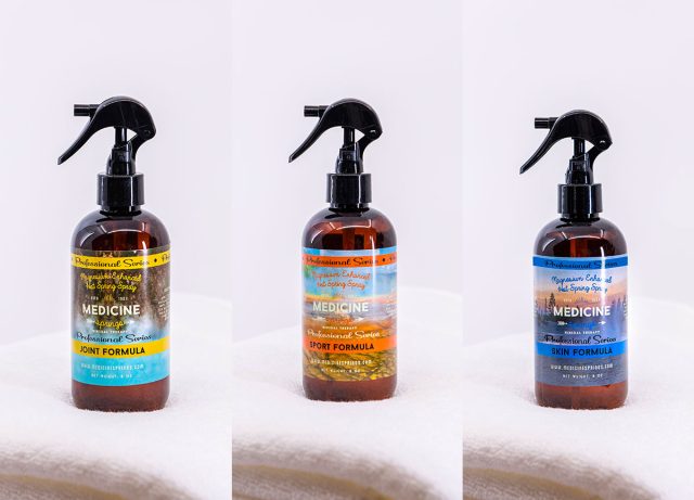 Three spray bottles of Medicine Springs product. These are the Skin Formula, Sport Formula and Joint Formula mineral therapy.