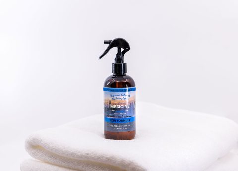 A spray bottle of Medicine Springs product. This is the Skin Formula mineral therapy.