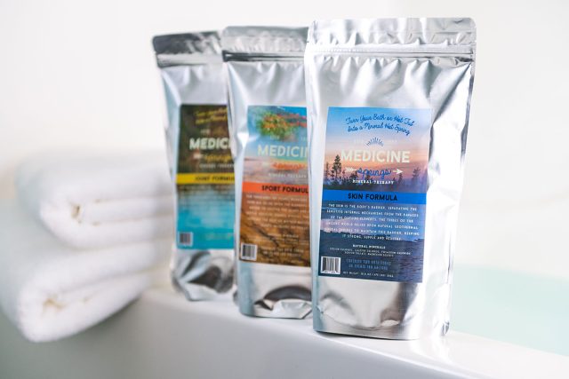 Three pouches of Medicine Springs product. These are the Joint Formula, Sport Formula and Skin Formula mineral therapy