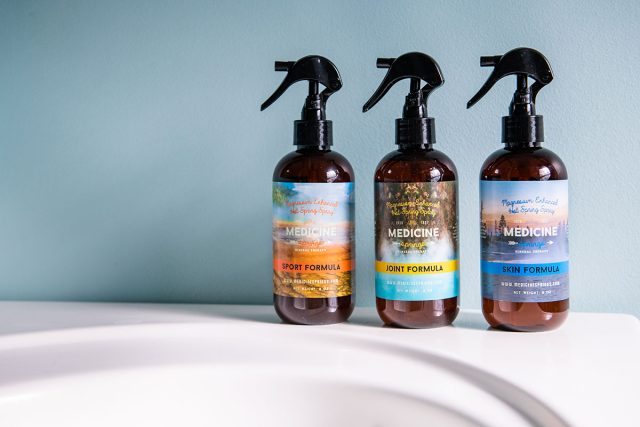 Three spray bottles of Medicine Springs product. These are the Skin Formula, Sport Formula and Joint Formula mineral therapy.