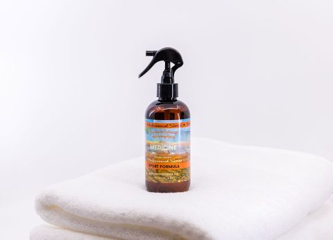 A spray bottle of Medicine Springs product. This is the Sport Formula mineral therapy.