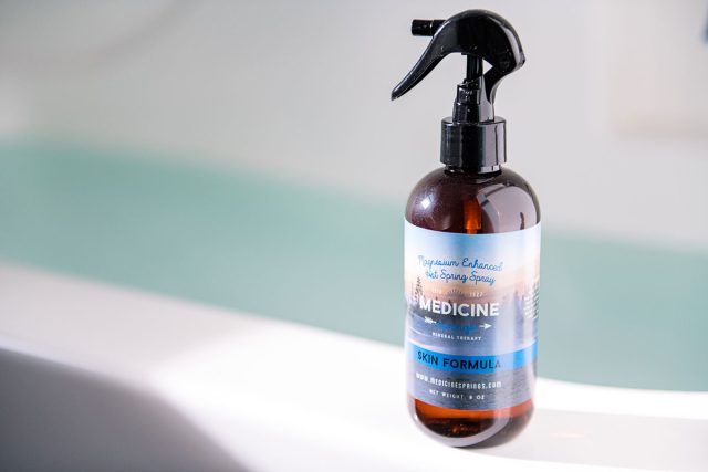 A spray bottle of Medicine Springs product. This is the Skin Formula mineral therapy.