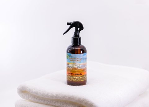 A spray bottle of Medicine Springs product. This is the Sport Formula mineral therapy.
