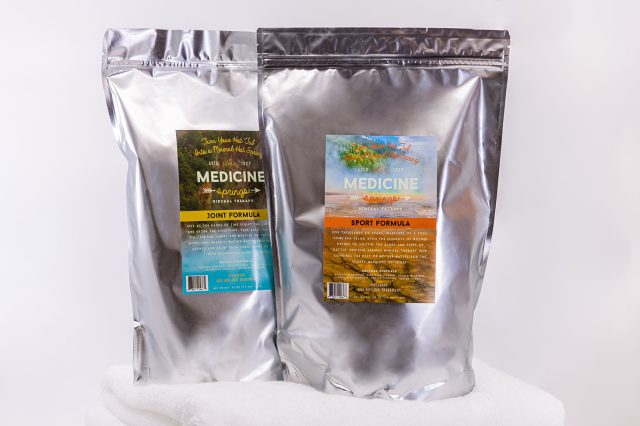 A pouch of Medicine Springs Joint Formula and Sport Formula mineral therapy product